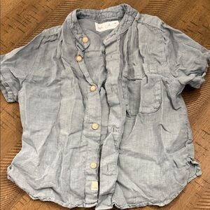 Zara Pale Blue Linen-Blend Short Sleeve Button-Up